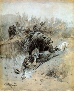 1910 Charles Russell Painting Repo, Bear and cubs, Hunting, Dog
