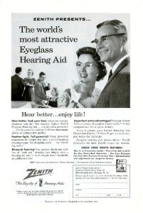 1957 Zenith Attractive Eyeglass Hearing Aid Print Ad