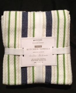 Williams Sonoma Navy Khaki Green Stripe Kitchen Towel Set of 4 New