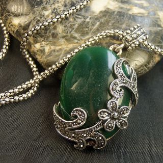  Tibet Silver Carved Flower Green Resin Pendant Necklace