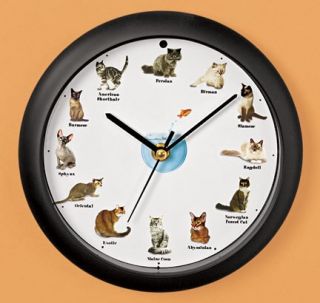 Meowing cat clock w/ Images of 12 popular cats and chimes w 12 meow