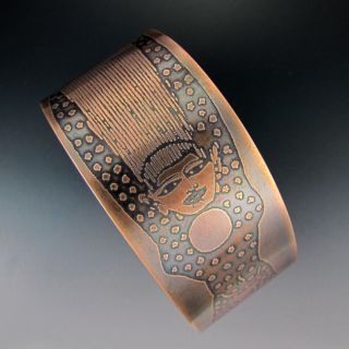 Egyptian Goddess Nuit on Handmade Etched Copper Cuff Bracelet