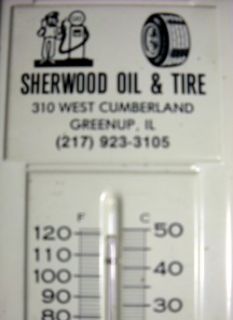 Vintage Sherwood Oil Tire Tin Thermometer Greenup IL