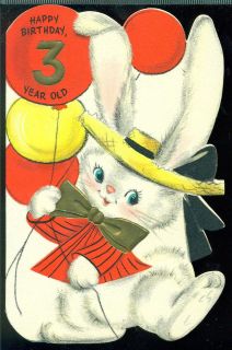 Vintage Hallmark Greeting Card Happy Birthday 3 Year Old Dressed Bunny