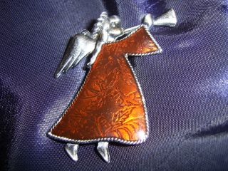 Estate Pewter Red Enamel Christmas Angel 2 Pin Brooch