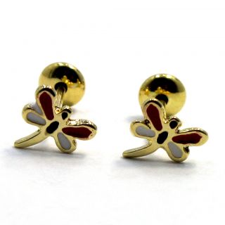 Gold 18K GF Tiny Earrings Red Dragonfly Earrings Girl Baby Safety High