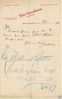 1911 The Gresham Hotel Spartanburg s C Letter