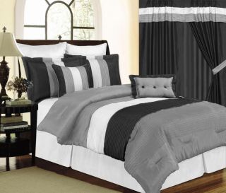 7pc Black White Gray Comforter Set King Size Faux Silk S16396