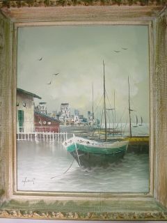 Vintage Sailboat Harbor Original Canvas Oil Painting Ocean Bay Dock