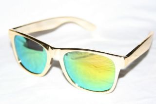 Wayfarer Sunglasses Gold Frame Green Mirror Lens Retro Vintage Shades
