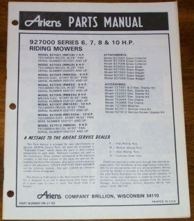 Ariens 927000 Series Riding Mower 6 7 8 & 10 HP Parts Manual PM 27 80