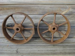 Pair Antique Heavy Cast Iron Industrial or Farm Wheels