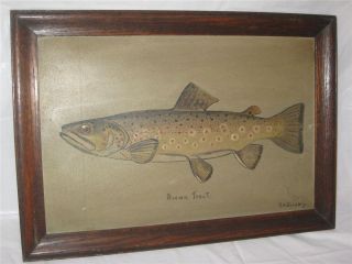  Primitive Fish Painting Brown Trout Signed Gridley w Oak Frame