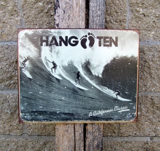 Hang Ten Metal Sign Retro Ad Antique Style California Surfers Wall