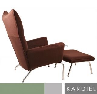 Hans J Wegner Style Wing Chair & Ottoman, Java Brown Bouclé Cashmere