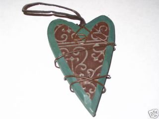 Wood Heart Ornament Rusty Tin Heart Attached Green 5 In