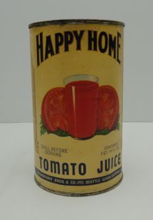 Vintage Happy Home Tomato Juice 1 Qt 14 oz Tin Can Schwabacker Bros
