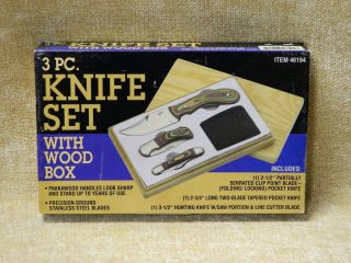 Harbor Freight Tools 3 Piece Knife Set with Wood Box Belt Pouch B1702