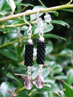 Tubular Peyote Stitch Black Seed Bead Earrings Handmade