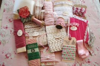 Huge Lot 43Y Vintage Pink Ribbon Trim Lace Velvet Silk Thread Needle