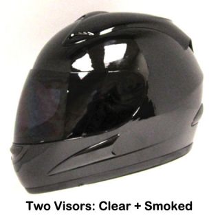  Bike Full Face Helmet Glossy Black Two Visors Clear Smoked