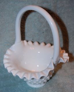  Fenton White Milk Glass Hobnail Fluted Basket Dish