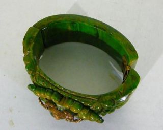 Vtg Green Yellow Carved Bakelite Hinge Bracelet w Crab