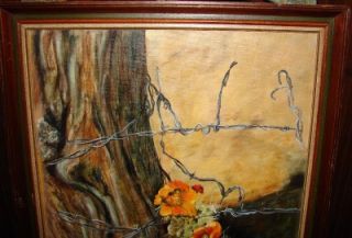 vintage oil painting flower w barbwire harnish