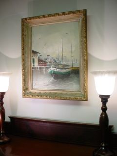 Vintage Sailboat Harbor Original Canvas Oil Painting Ocean Bay Dock