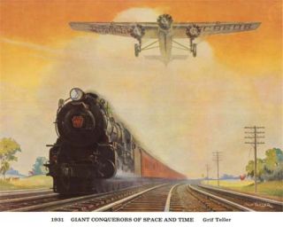 Rural open scene; steam train with Ford Tri Motor airplane overhead.