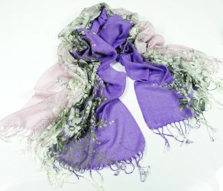 Fast Ship Silk Pashmina Scarf Purple Floral Print