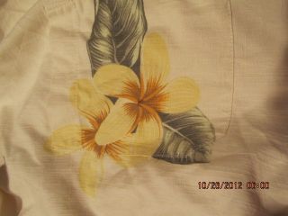 Silk Cream Hawaiian Shirt Yellow Hibiscus Leaves Wooden Buttons