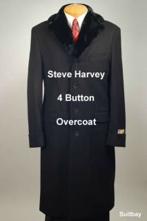 56L Suit STEVE HARVEY Black Wool Blend Topcoat 4 Button 56 Long   T24
