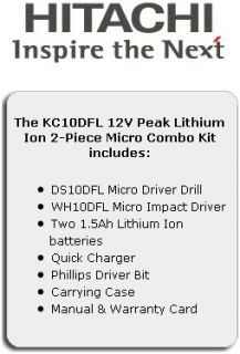 Hitachi KC10DFL 12 Volt Peak 2 Tool Li Ion Combo Kit with Carrying Bag