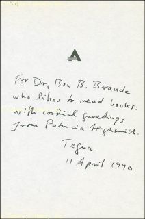 Patricia Highsmith Autograph Letter Signed 04 11 1990