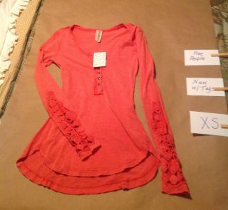Free People Crochet Cuff Henley XS Hibiscus Coral