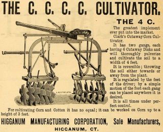 1890 Ad 4c Corn Cultivator Higganum Farming Agriculture Machinery