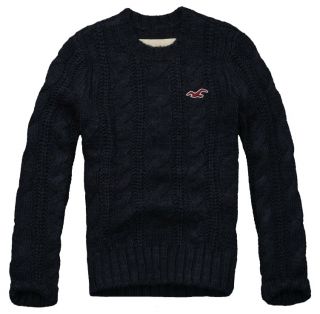 Hollister Mens Sweater Seascape Wool Cable Knit Crewneck Navy Blue L $