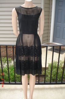 Vtg 1950s 60s J HARLAN Black Gauze & Cotton Lace Little Black Dress