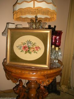 Antique Framed Needlepoint Panel Roses Velvet Mat Gilded Frame 16 x 20
