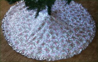 Christmas Tree Skirt 54 Holly Berries Bows w Silver Metallic Custom