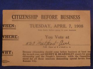 1908 Vote Card Mayor Henry Beardsley Citizenship Before Business