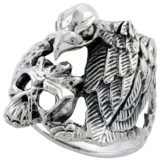 Sterling Silver Gothic Biker Vulture with Skull Ring 1 inch wide