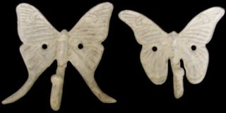 Set of 2 Chippy Antique White Cast Iron Butterfly Hooks Shabby Cottage