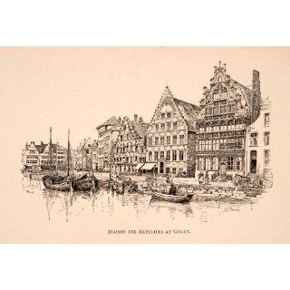 1887 Wood Engraving Maison Bateliers Ghent City Medieval