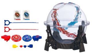 The set comes with rip cords, spin tracks, and two exclusive Beyblade