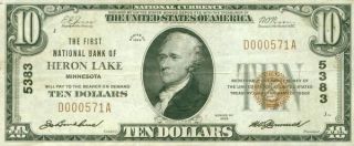 10 Heron Lake Minnesota 1929 5383 National Currency