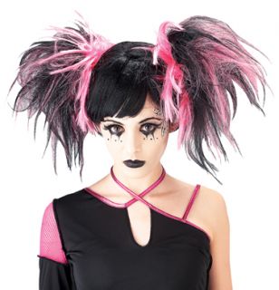 Goth Punk Anime Black Hot Pink Big Pigtails Costume Wig