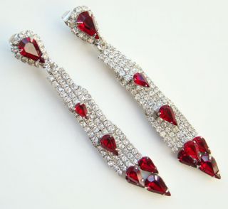 kramer shoulder duster ruby red and clear rhinestone earrings signed