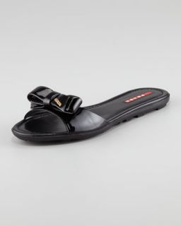 Patent Leather Logo Bow Slide Sandal, Black